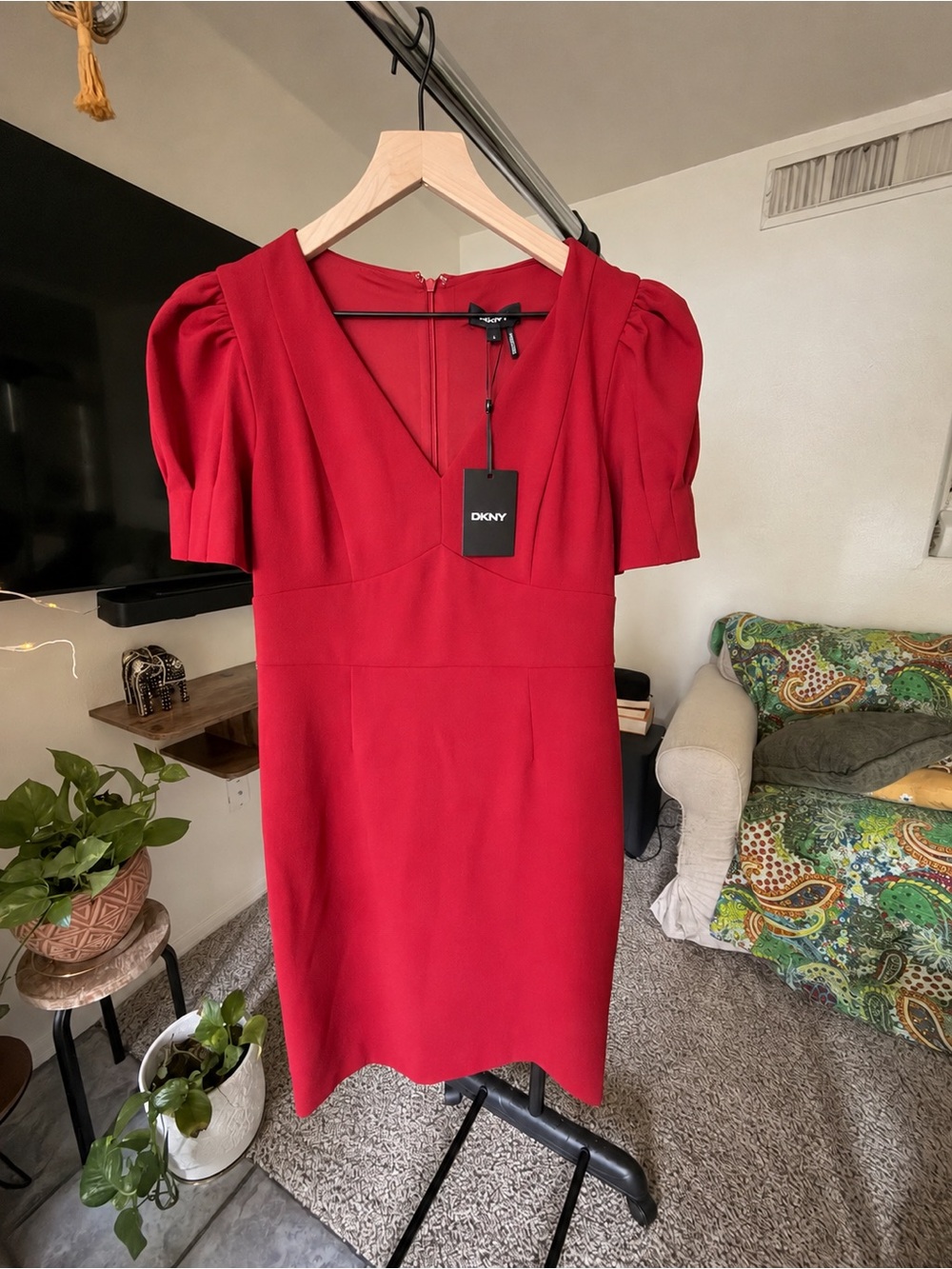 DKNY Red V-Neck Puff-Sleeve Sheath Dress